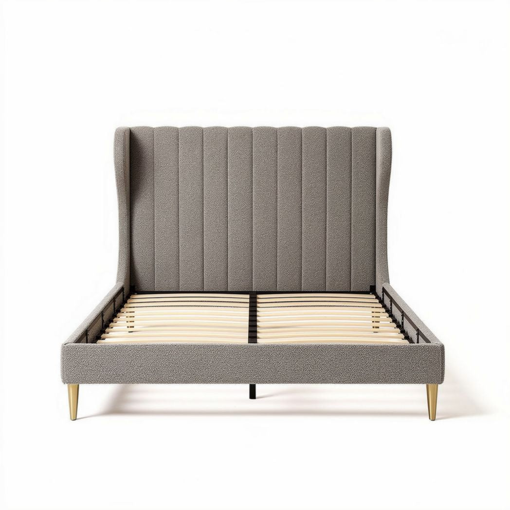Letto matrimoniale grigio con testiera imbottita e supporto in legno 200 x 160 x 100cm