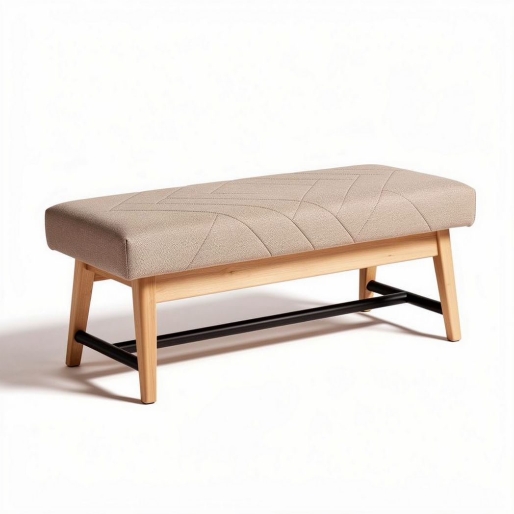 Panca in legno con seduta imbottita in tessuto beige 100 x 40 x 45cm