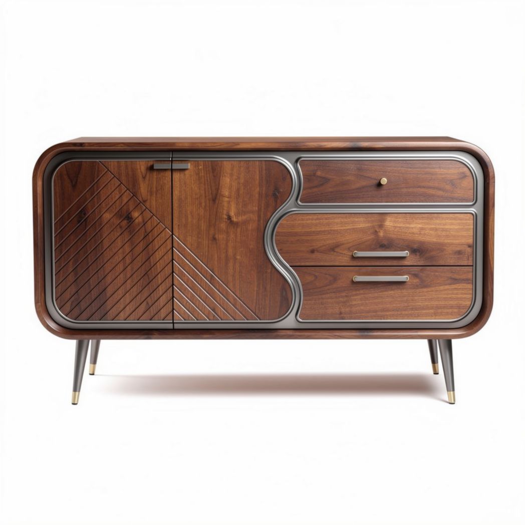 Mobiletto in legno di noce con decorazioni geometriche e gambe in metallo 150 x 45 x 75cm