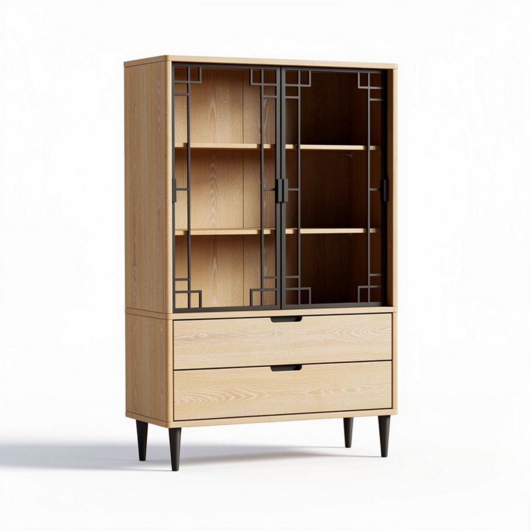 Mobiletto vetrina in legno di quercia con ante in vetro e sei ripiani 80 x 40 x 160cm