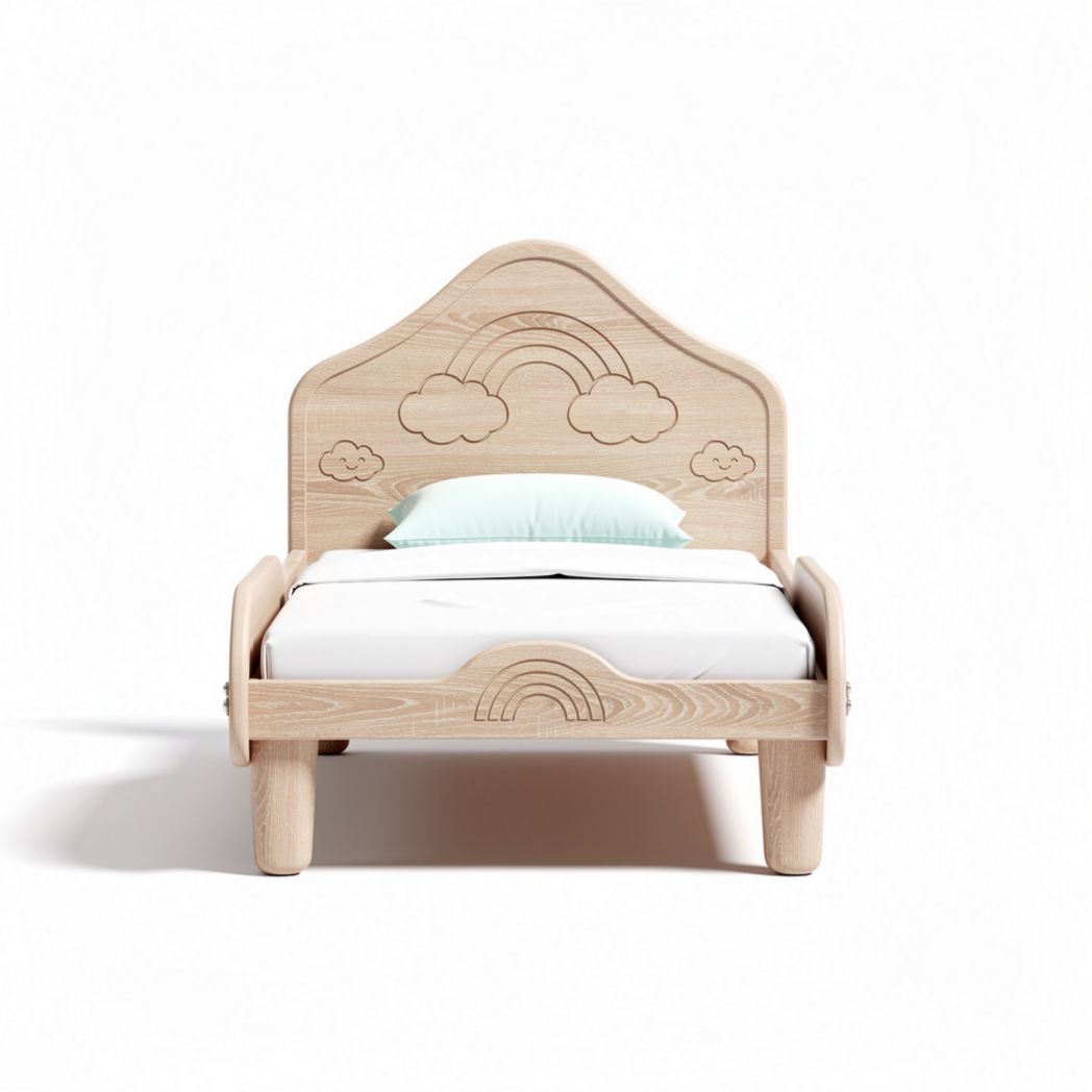 Letto per bambini in legno naturale con testata a forma di arco e nuvole dimensioni 130 x 80 x 100cm