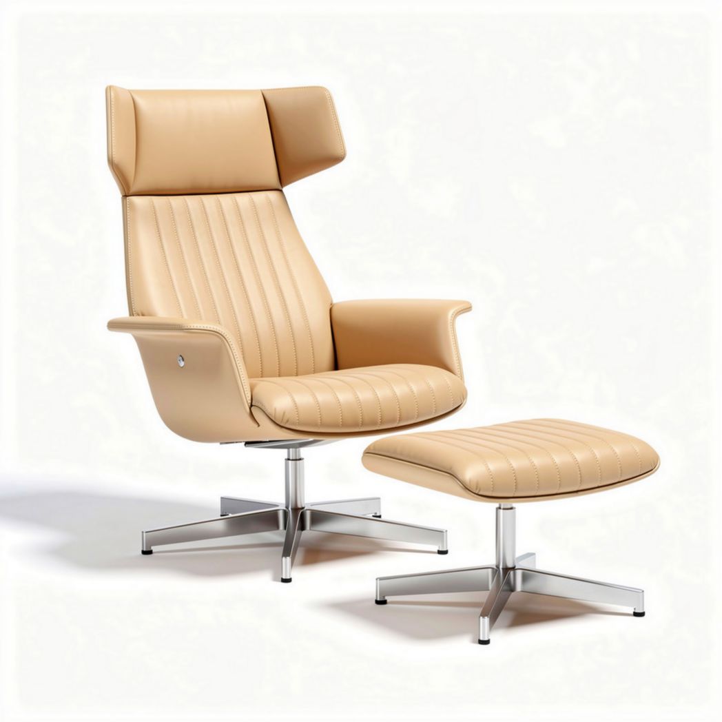 Poltrona reclinabile in pelle beige con poggiapiedi e base in metallo 85 x 80 x 100cm