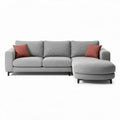 Divano angolare moderno in tessuto grigio con cuscini rossi 200 x 90 x 85cm
