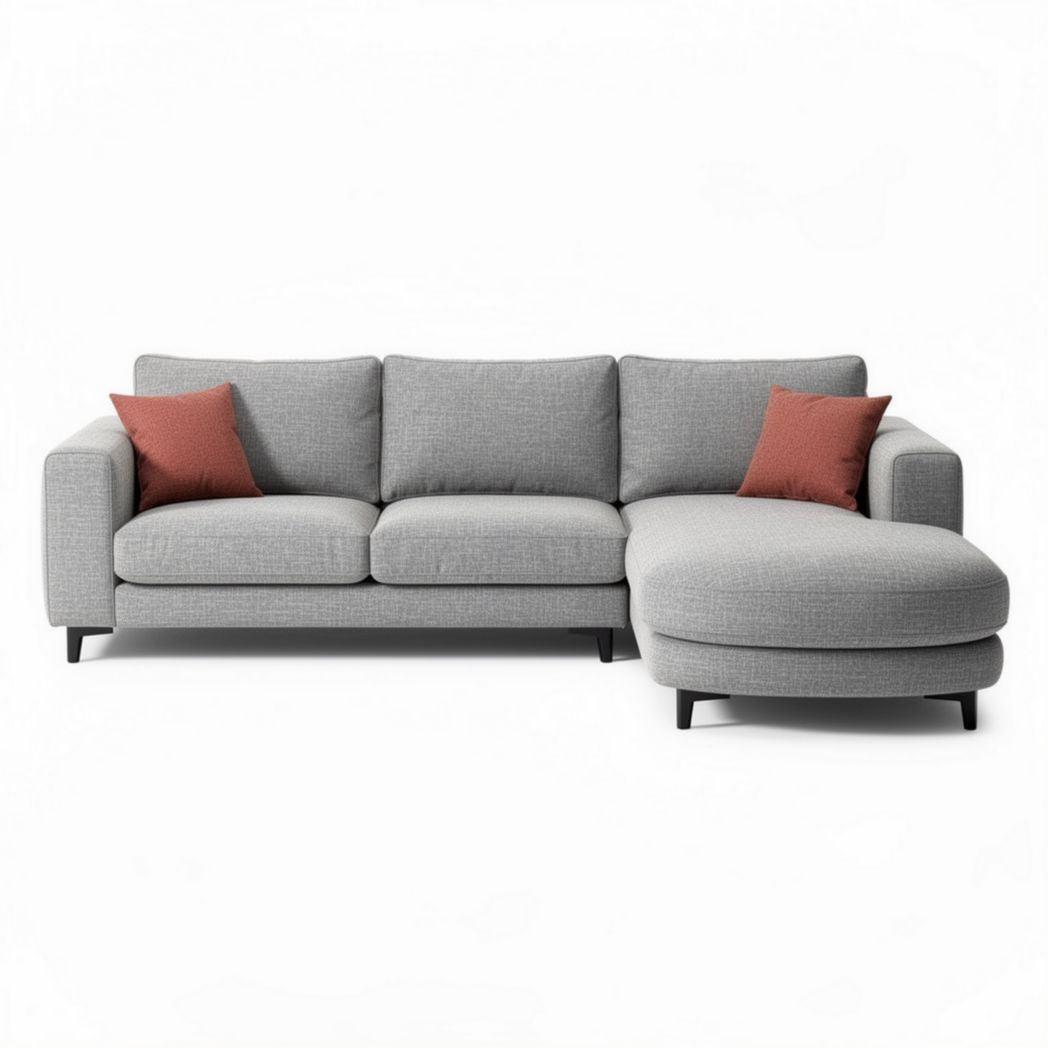 Divano angolare moderno in tessuto grigio con cuscini rossi 200 x 90 x 85cm