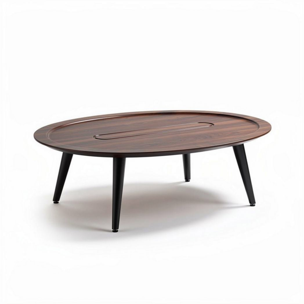 Tavolino da caffè ovale in legno massello color noce con gambe nere 120 x 80 x 30cm