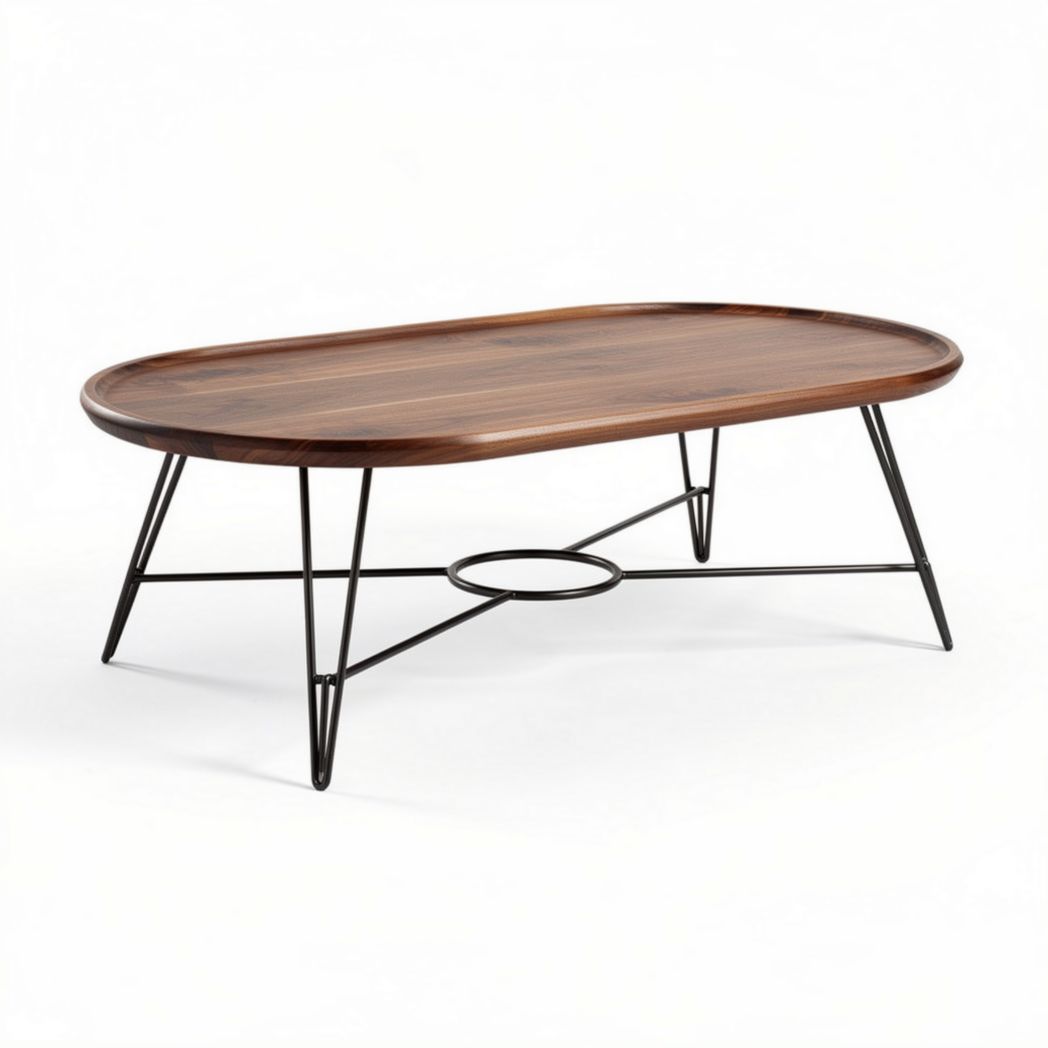 Tavolino ovale in legno di noce con struttura in metallo nero 120 x 60 x 45cm